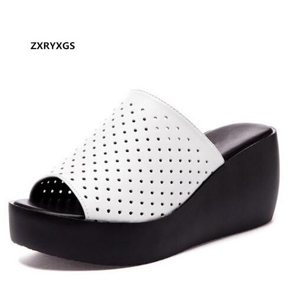 

breathable hollow genuine leather slippers women sandal shoes 2020 new fish mouth outdoor wear slippers increase wedges sandals, Black