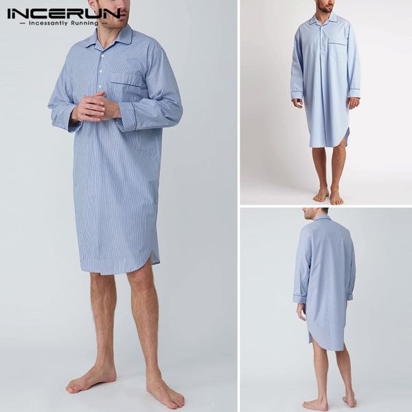 

men's sleepwear incerun mens leisure sleep robes long sleeve lapel fashion striped patchwork nightwear loose comfortable s-5xl, Black;brown