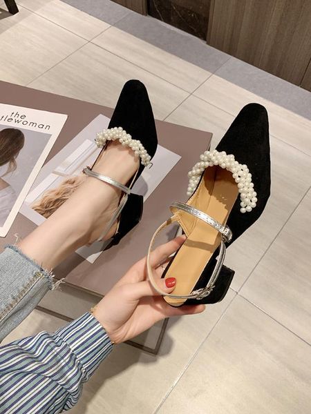 

pearl spring summer new fashion joker thick with high heels, Black