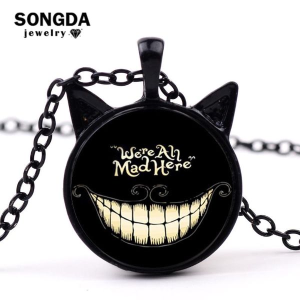 

songda fashion alice adventures in wonderland necklace cheshire cat pendant glass cabochon necklace we're all mad here jewelry, Silver