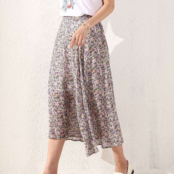 

r93nl women's floral 2020 spring/summer new elastic waist hip-covered dress a- line chiffon chiffon skirt all-match a- line dress knee, Black