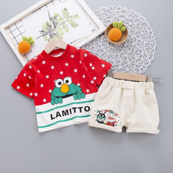 

2020 new spring and autumn baby men and women cartoon short sleeve shorts two-piece suit cotton children's suit a6, White