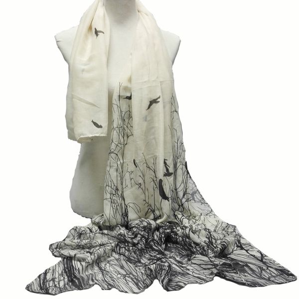 

visual axles] soft light weight 100% viscose print abstract birds on tree oblong scarf animal scarves shawl, Blue;gray