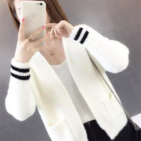 

women mink cashmere jacket female sweater spring and autumn new loose knit striped cardigan v neck full sleeve, White