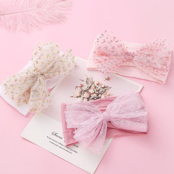 

5pcs/lot children mesh lace bowknot hairbands soft elastic print baby girls headband bezel for hair wholesale hair accessories, Slivery;white
