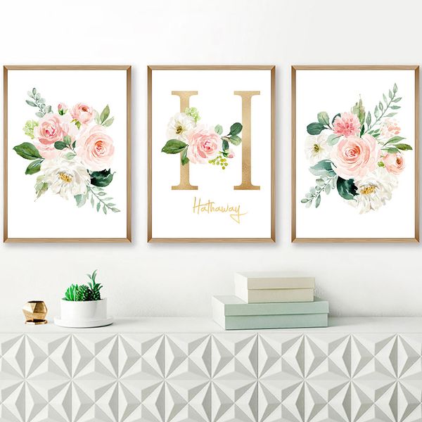 

pink flowers poster custom name canvas painting nursery wall art print nordic baby poster rose wall picture baby girl room decor
