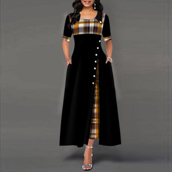 

Women's Designer Autumn Dress Ladys Fashion Plaid Print Long Dress Womens 2020 New Half Sleeve Long Dressss Women Casual Skirts Plus Size