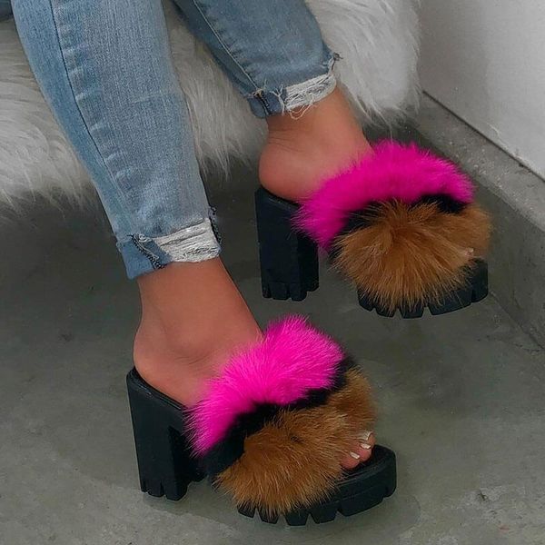 

women's sandals 2020 summer high heels mixed color plush fur slippers peep toe square heels wedges sandals shoes zapatos mujer, Black