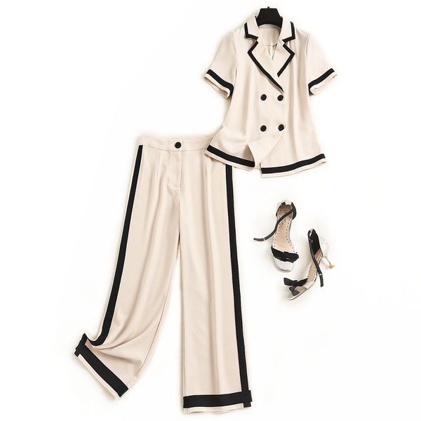 

women two piece outfits office lady double breasted turn-down collar + ankle-length wide leg pants ropa de mujer 2020, White