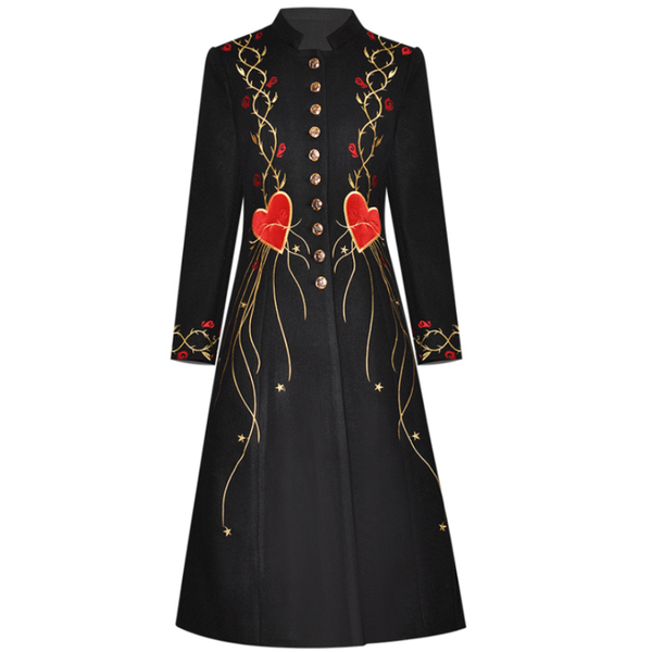 

stand collar long sleeve single-breasted autumn winter women woolen coats embroidered warm coats, Black