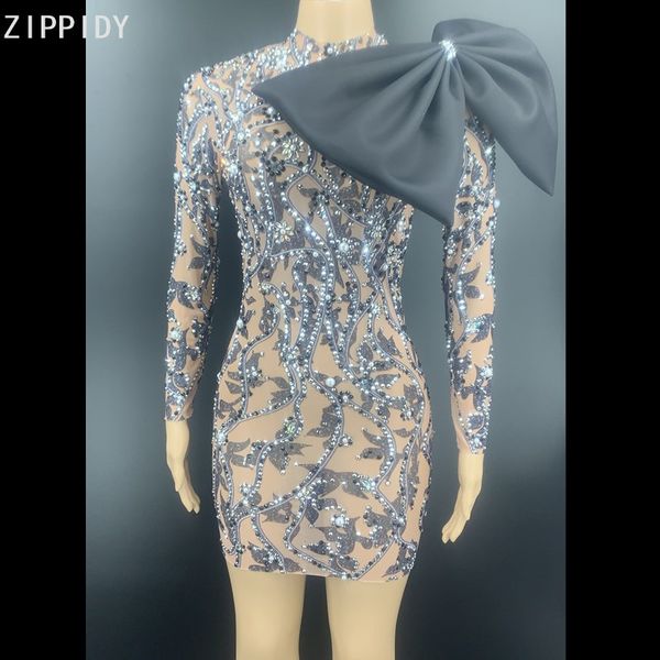 

black rhinestone pearls printed big bow mesh dress female singer show mini dress prom birthday celebrate youdu, Black;red