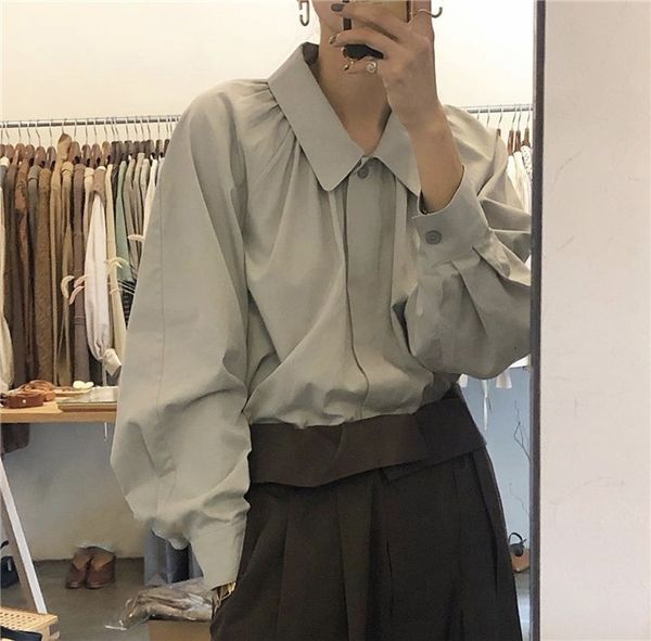 

ewq] 2020 spring minimalist turn-down collar full sleeve loose women shirt korea style white casual blouse qz005