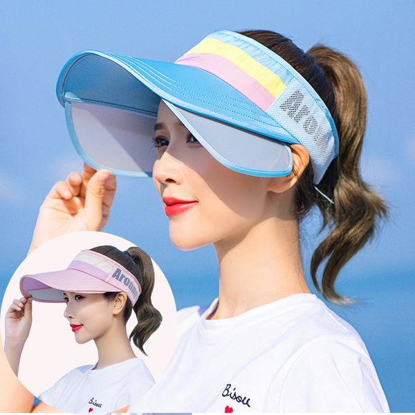 

women summer sun hats telescopic wide brim visor hat beach hat uv protection female breathable ponytail empty cap wholesale, Blue;gray