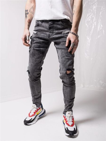 

hole jeans casual fashion men designer trousers high street jeans for man mens demin pancil pants slim frayed, Blue