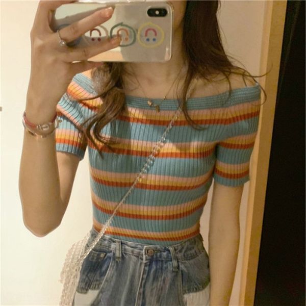 

n2cor rainbow internet celebrity elegant outerwear ins fashionable women's short sleeve knitwear knitwear base hong kong style one-line, White