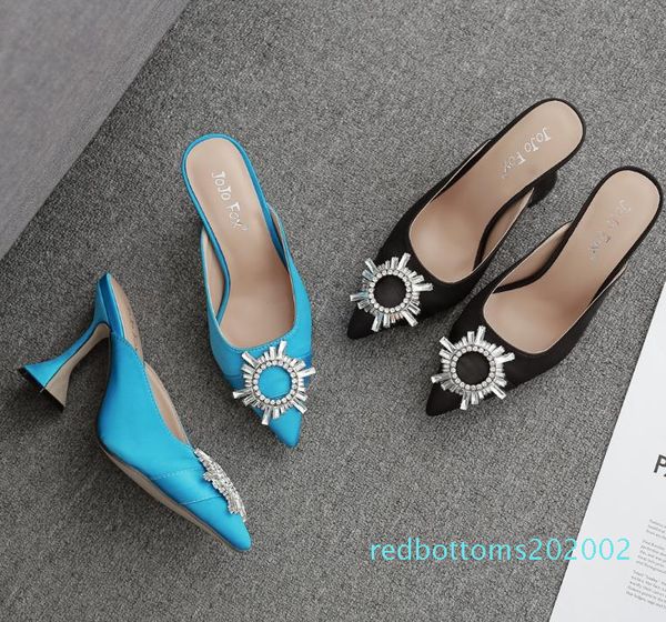 

size 35 to 41 fashion designer pumps 9cm black blue mules with crystal flower bridal wedding shoes r02