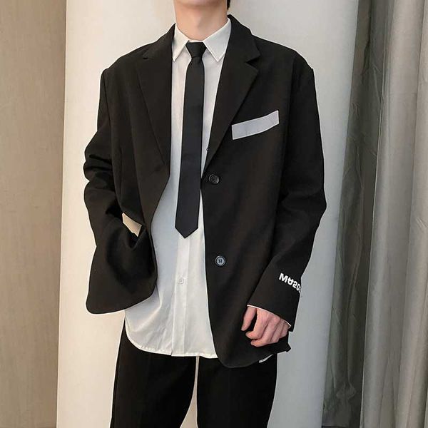 

fashion men blazer jackets reflective sticker loose streetwear windbreaker korean style suit coat student cool casual blazer men, White;black