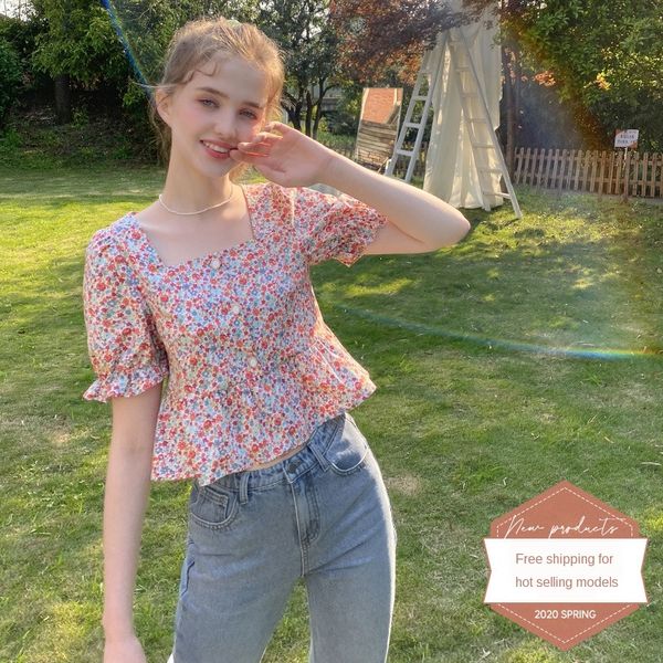 

новый 2020 летнего топ французского top shirt рубашка стиля дворца пузыря женских женского рукава высокой талии краткость, White