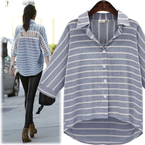 

women's blouses & shirts 2021 blouse fashion chiffon shirt female large bfsize loose five-point sleeve casual ladies striped hollow sty, White
