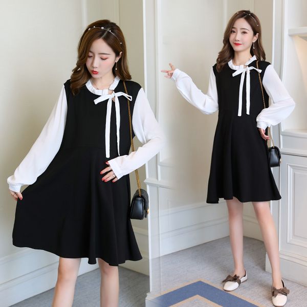 

8162# summer korean fashion maternity straight dress autumn sweet patchwork clothes for pregnant women loose pregnancy clothing, White