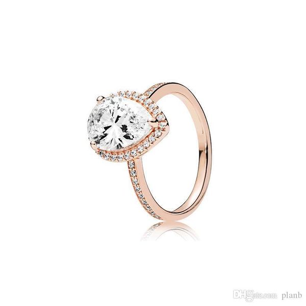 

18k rose gold tear drop cz diamond ring with original box for pandora 925 silver wedding rings set engagement jewelry for women, Slivery;golden
