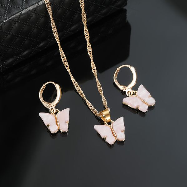 

zwc 2020 butterfly women's earrings necklace set fashion acrylic butterfly earrings animal sweet colorful girls jewelry, Silver