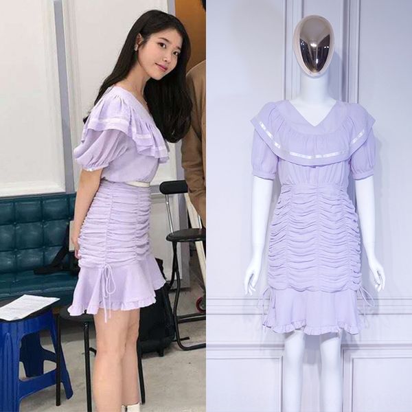 

star li zhien same v-neck summer 2020 new ruffled pleated temperament dress dress summer new skirt, Black;gray