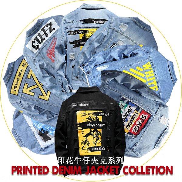 

new hollow men's autumn light blue denim jacket fashionable printed denim jacket for men, Black;brown