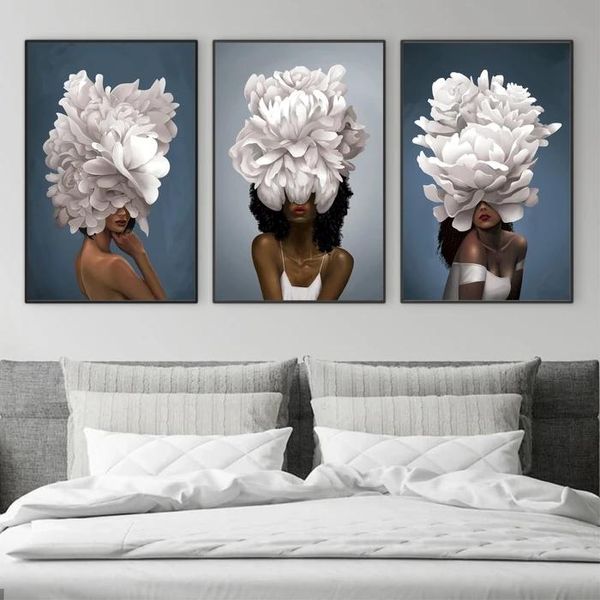

современного цветочного девушка белых цветы стены искусства холст картины печать плакатов стена искусство для гостиной home decor (no frame