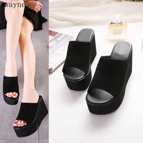 

summer new korean high-heeled slippers black suede wedges platform women's slippers non-slip wild casual