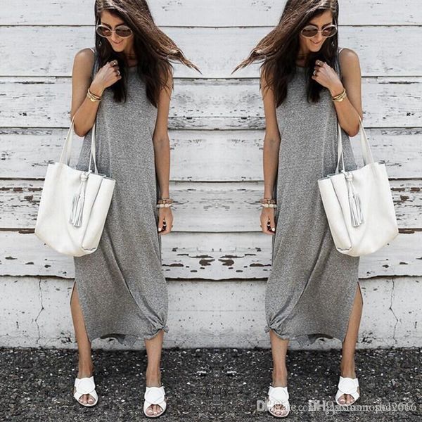 

women dress summer fashion cotton blend deep crew neck sleeveless solid color sling lady casual loose waist long dresses skirt size s-xl, Black;gray