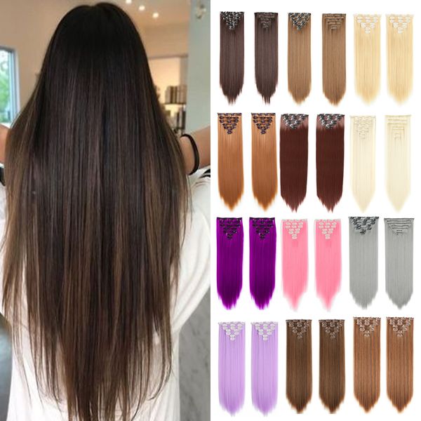 

22 inches medium lenght straight hair clip in hair extension synthetic false hair wholesale 7-piece set, Black;brown