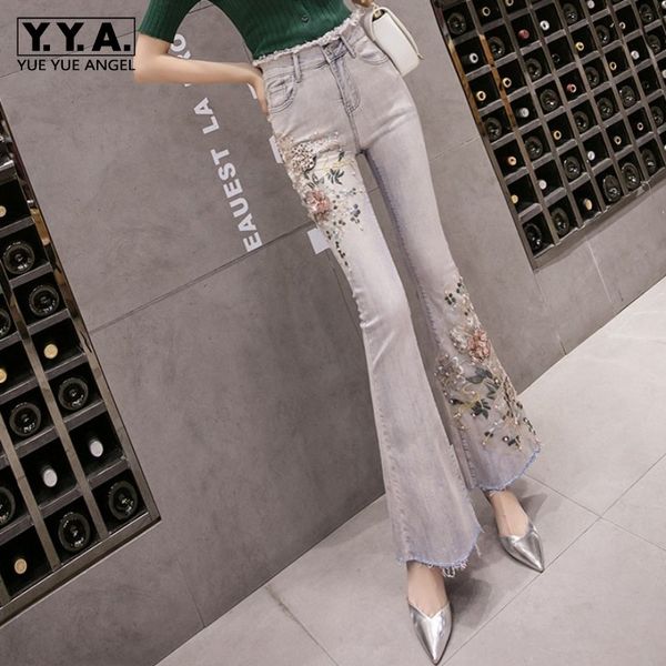 

women's jeans 2021 flower flare women vintage beading embroidery denim wide leg pants streetwear fashion slim high waist trousers, Blue