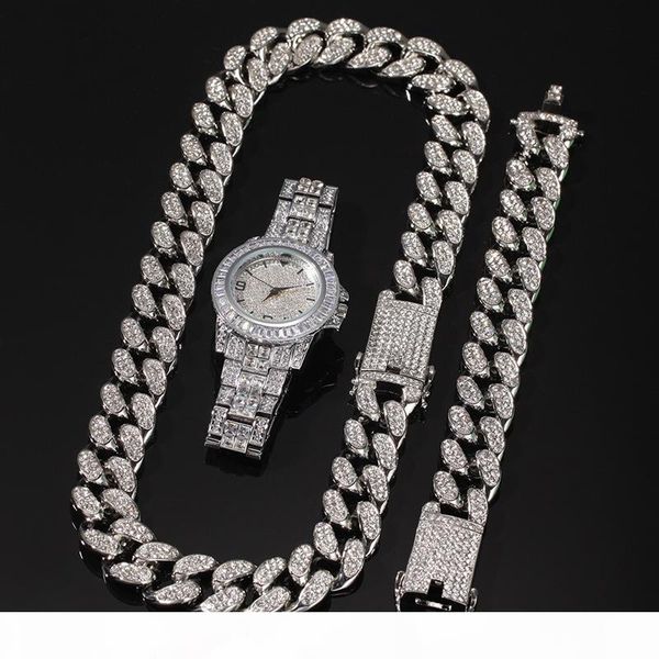 

hip hop bling chain jewelry mens necklace iced out diamond miami cuban link chain gold silver watch & necklace & bracelet set