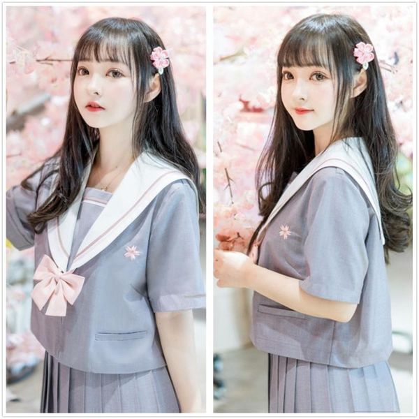 

sakura embroidery kawaii women and skirt gray japanese jk school students uniform sailor collar lolita girl shirt blouse, White