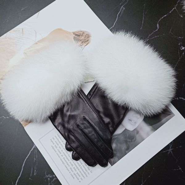

nxaw7 кожаные перчатки и овчины лисицы рот velvet кожа теплые перчатки зимние женские и зимние женские овчины теплый мех лисы рот v, Black