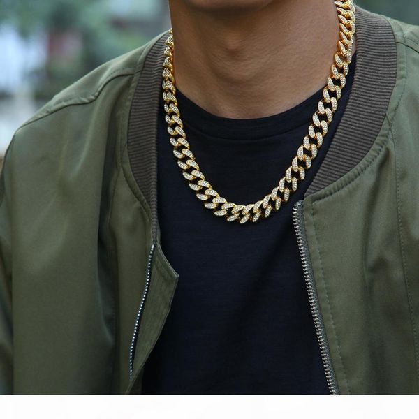 

miami curb cuban chain necklace for mens gold silver hip hop iced out paved rhinestones cz rapper long necklace bangle jewelry