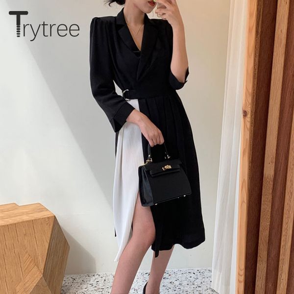 

trytree 2020 autumn winter woman casual dress turn-down collar belt black patchwork pleated fashion mid-calf office lady dress, Black;gray