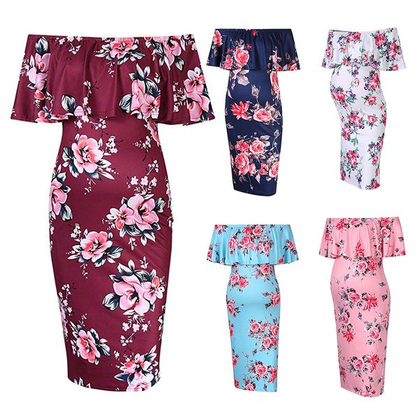 

floral skirt ruffles maternity dresses off shoulder pregnancy dresses ruffle shoulderless women bodycon dress summer pregnant, White