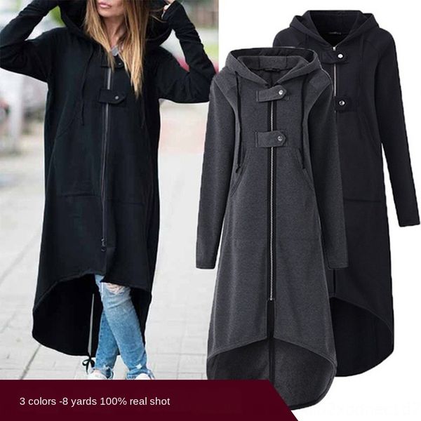 

autumn and winter hooded asymmetric long button coat sweater sleeve zipper button long sweater coat for women, Black