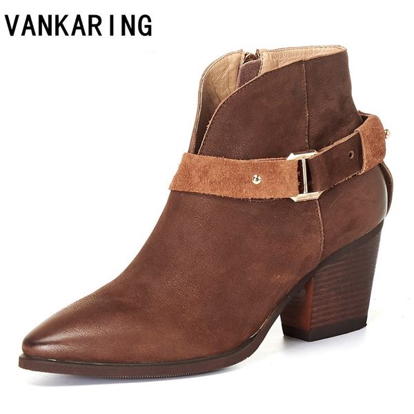 

autumn winter shoes get old cow leather botas mujer cowboy ankle boots for women thick high heel boots western cowgirl boot, Black