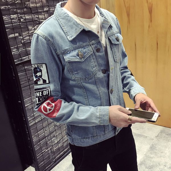 

2020 autumn new denim men's clothing jacket ripped slim korean printed personalized denim jacket men's clothing, Black;brown
