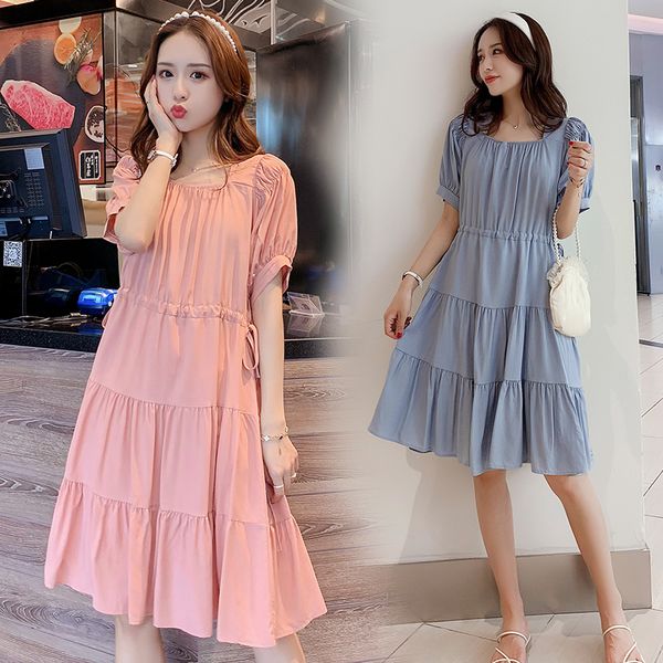 

811# maternity clothes summer sweet solid color cotton short sleeve loose stylish dress for pregnant women mom dress, White