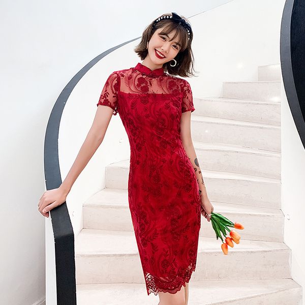 

new arrival traditional chinese wedding dresses for women embroidered mandarin collar chiffon cheongsam oriental lace qipao, Red