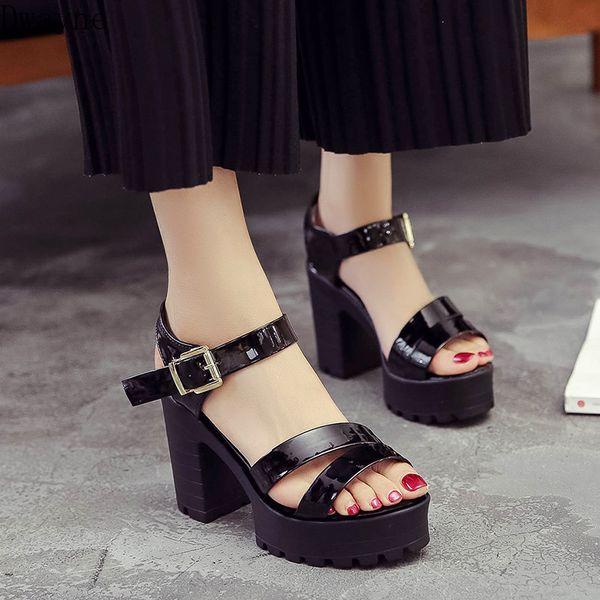 

new fashion sandals thick with a word buckle fish mouth solid color sandals women waterproof platform high heel women shoes, Black