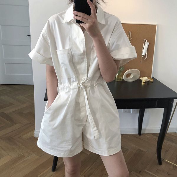 

white casual jumpsuit pants korean retro workwear women summer simple bf style loose romper shorts overalls fashion chic, Black;white