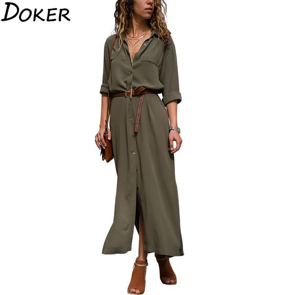 

2020 spring summer solid office shirt dress women turn-down collar long sleeve boho midi dress ladies elegant party long dresses, Black;gray