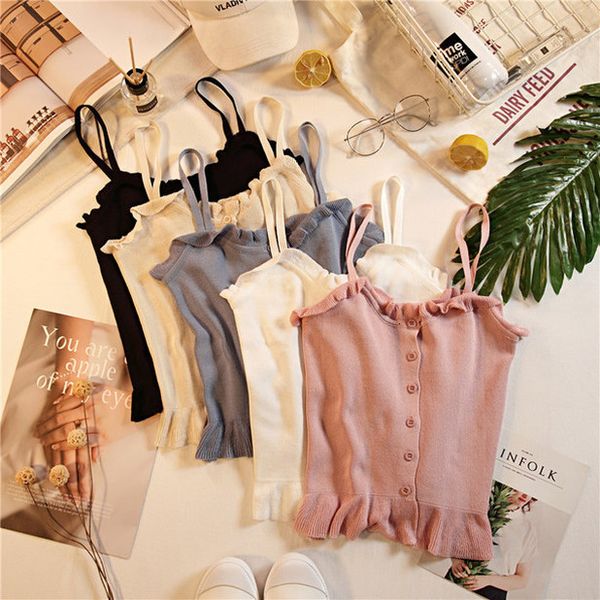 

off shoulder women crop buttons ruffles hem spaghetti camis for women 2020 summer, White