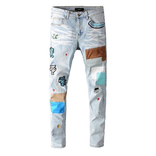 

дизайнер mens проблемные белый от jeans slim fit motorcycle biker denim для мужчин марка дизайнер hip hop мужские джинсы белые джинсы для му, Blue