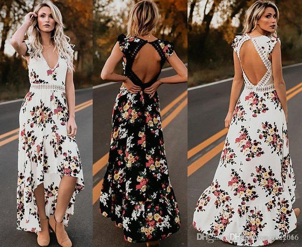 

women's open back hi-lo long printed dress ruffles capped sleeves deep v-neck cocktail party gown hollow irregular maxi prom evening dr, Black;gray